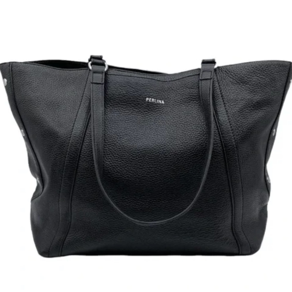 PERLINA Black Pebbled Leather Studded Tote Bag  (OS)